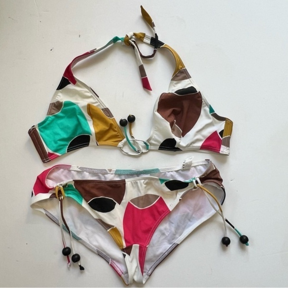 Huit Swim Two Piece White Multi Bikini Halter With Wood Beads